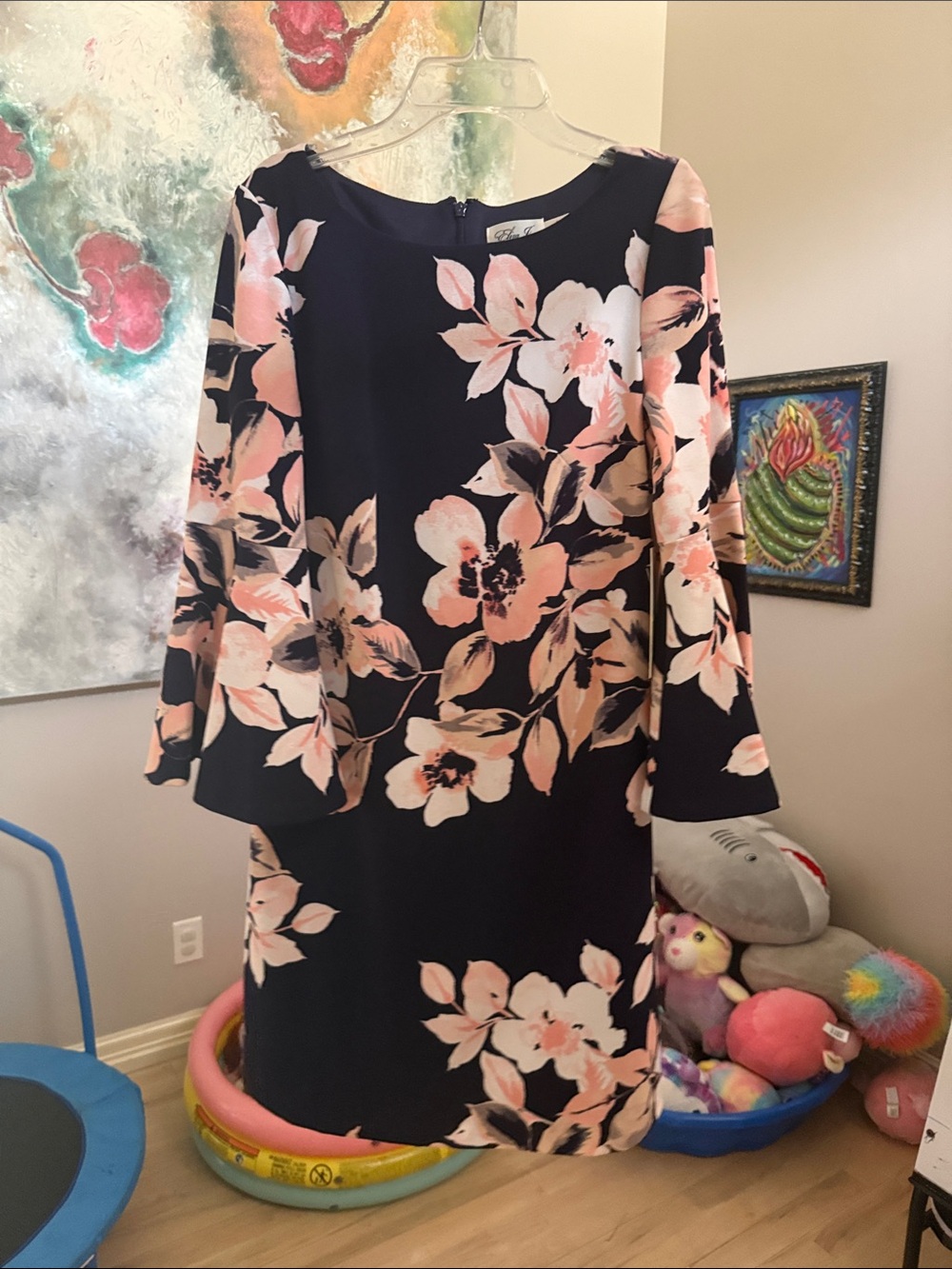 Eliza J Navy Midi Dress with Pink Floral Print